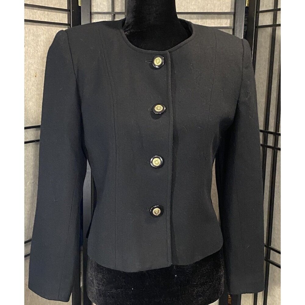 Worthington VTG Wool Blazer Black Gold Detail Buttons Sz 6 P Lined Shoulder Pads